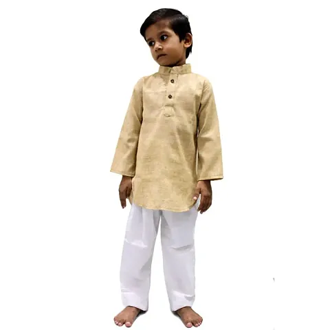 VAH- Kya Bat Hai !! Ethnic Wear Cream Cotton Blend Full Sleeves Plain Kurta Set For Kids