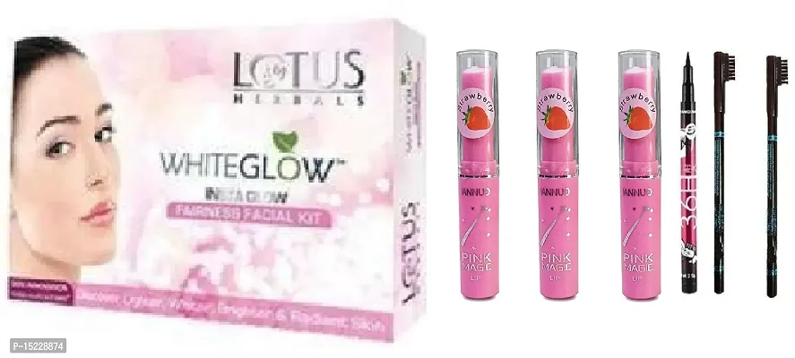 Whitwglow Fairness Faciay Kit ( Pack Of 1 )   Pink LIp Balm ( Pack Of 3 )  Eyebrow Pencil ( Pack Of 2)  36 H Eyeliner ( Pack Of 1 )