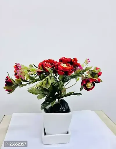Red Rose Flower With Green Leaf And Pink Buds With White Pot And Tray