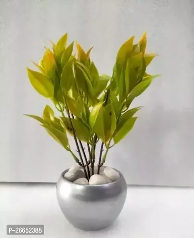 Artificial Leaves Plant In Designer Silver Pot With Beautiful Stones Perfect For Home Pack Of 1 Artificial Plant With Pot 30 Cm Green-thumb0