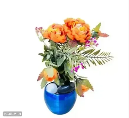Orange Roses With Green Leaves With Blue Metal Pot And Stones