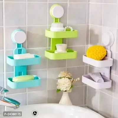 Abs/Plastic Double Layer Sucker Wall Mounted Soap Holder Soap Stand For Wash Basin And Bathroom | Soap Box Organiser With Flipped Idea Suction Cup Holder-Pack Of 3-thumb0