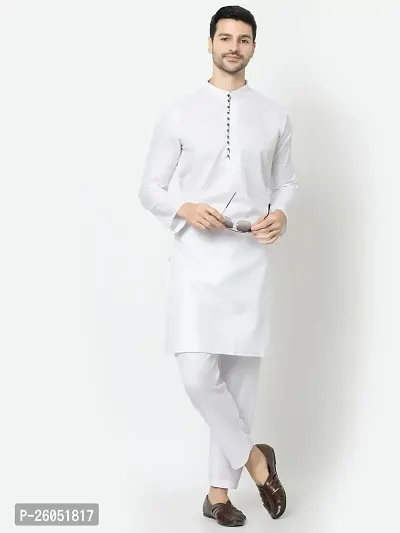 Stylish Fancy Designer White Cotton Blend Kurta With Bottom Wear Set For Men-thumb0