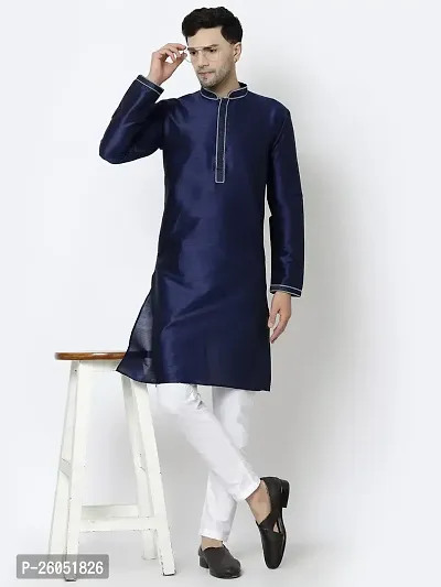 Stylish Fancy Designer Navy Blue Silk Kurta With Bottom Wear Set For Men