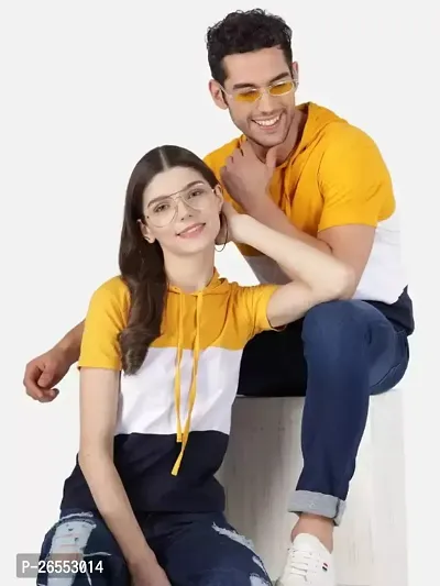 Couple Men  Women Colorblock Hooded Neck Cotton Blend Mustard, White, Navy T-Shirts-thumb0