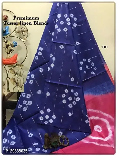 Stylish Linen Blend Blue Printed Saree with Blouse piece