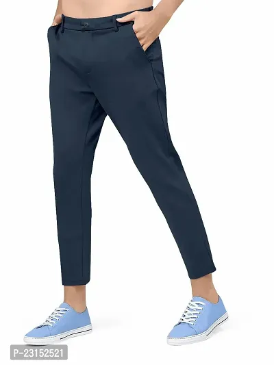 Stylish Navy Blue Linen Solid Regular Fit Trousers