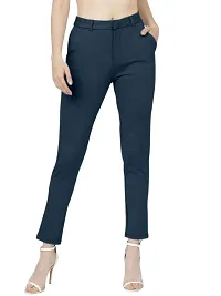 CLINSY Fashion Lycra Blend Trousers for Women Ankle Length Trousers for Women Classy and Stylish Trousers  Belt Loop with Pockets Solid Color Navy Blue-thumb1