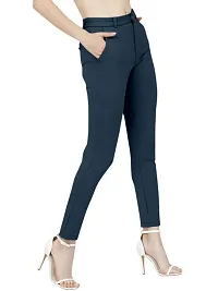 CLINSY Fashion Lycra Blend Trousers for Women Ankle Length Trousers for Women Classy and Stylish Trousers  Belt Loop with Pockets Solid Color Navy Blue-thumb2