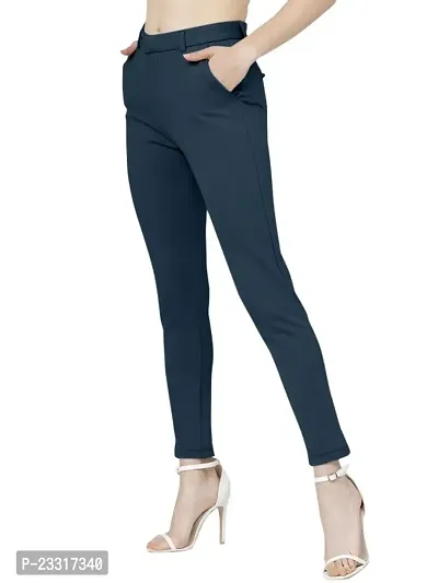 CLINSY Fashion Lycra Blend Trousers for Women Ankle Length Trousers for Women Classy and Stylish Trousers  Belt Loop with Pockets Solid Color Navy Blue-thumb4