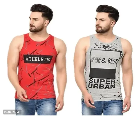 Comfy Multicoloured Cotton Printed Sleeveless Gym Vest For Men (Pack Of 2)-thumb0