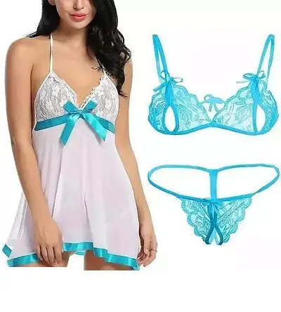 Lace Babydoll Night Dress With Lingerie Set For Women Combo 2