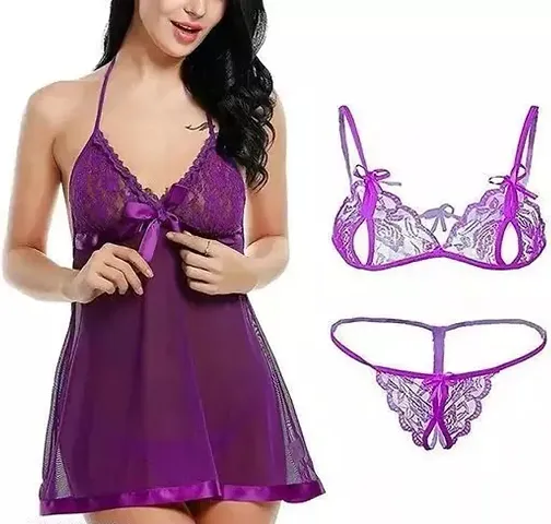 Lace Babydoll Night Dress With Lingerie Set For Women Combo 2