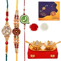 Great Art Rakhi for Brother and bhabhi with Gift Combo Set [Gift Combo - | Rakhi with German Silver Bowl Set with Velvet Box Set with Red Velvet Box (3 Rakhi Set with Bowl Set)-B2023B311-thumb1