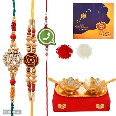 Great Art Rakhi for Brother and bhabhi with Gift Combo Set [Gift Combo - | Rakhi with German Silver Bowl Set with Velvet Box Set with Red Velvet Box (3 Rakhi Set with Bowl Set)-B2023B311-thumb2