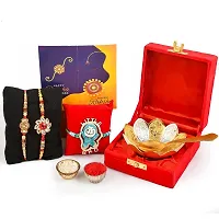 Great Art Rakhi Gift Hamper for Brother  Gift for Brother and bhabhi [Rakhi for Brother Combo - Rakhi with Brass Bowl with Velvet Box, Tilak Material  Greeting Card]GA-02-804-thumb1