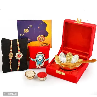 Great Art Rakhi Gift Hamper for Brother  Gift for Brother and bhabhi [Rakhi for Brother Combo - Rakhi with Brass Bowl with Velvet Box, Tilak Material  Greeting Card]GA-02-804-thumb2