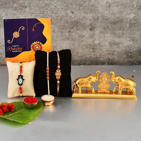 Great Art Rakhi Combo Set for Brother - Rakshabandhan Gift for Bhaiya Bhabhi - Kumkum Box for Gifts+ Rakhi Set of 3 +Roli Chawal + Free Rakhi Card-GA-022-57