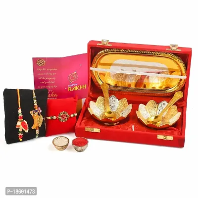 Great Art Rakhi  Gift Set for Brother [Gift Combo - | Rakhi with Brass Bowl with Velvet Box Set of-5 | Wishes Card and Roli Chawal?-GA-02-862-thumb2