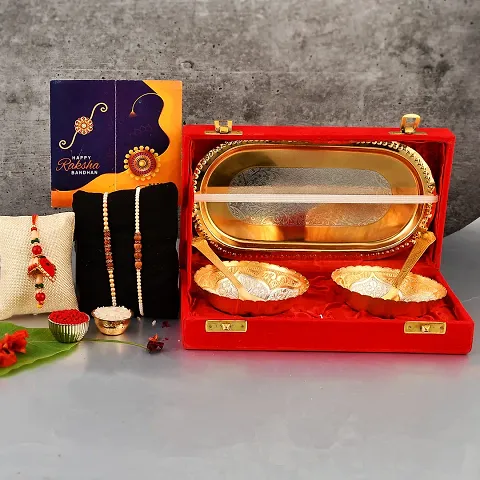 Great Art Rakhi Gift for Brother with Rakhi Gift Combo for Brother Best Gift for Bhaiya Bhabhi + Bowl Set-5 with Awesome Gifts Box + Rakhi Set of-3 +Roli Chawal + Free Rakhi Card