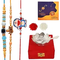 Great Art Rakhi Hamper for Brother with [Gift Combo - German Silver Bowl Set with Velvet Box Set with Red Velvet Box (3 Rakhi Set with Bowl Set Roli Chawal + Free Rakhi Card)-1205-1-thumb1