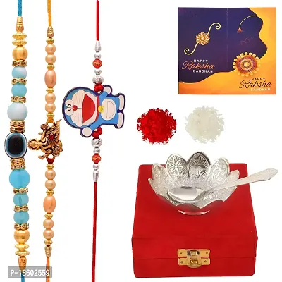 Great Art Rakhi Hamper for Brother with [Gift Combo - German Silver Bowl Set with Velvet Box Set with Red Velvet Box (3 Rakhi Set with Bowl Set Roli Chawal + Free Rakhi Card)-1205-1-thumb2