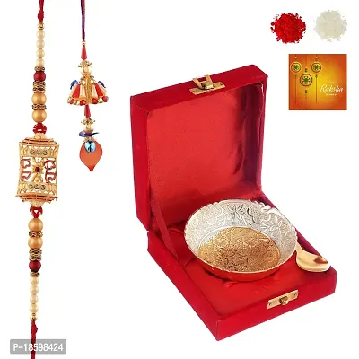 Great Art Sliver Gold Plated Occasional Brass Bowl with Velvet Box for Brother and Sister Greeting Card, Roli Chawal, Rakhi Combo -DAK-600-37