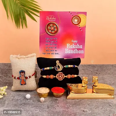 Great Art Rakhi Gift for Brother [Gift Combo - |Rakhi Bhaiya Bhabhi Set with Metal Chandan Roli Kumkum Chawal Box (3 Rakhi Set with Double Sindoor Dani)-903-1-thumb0