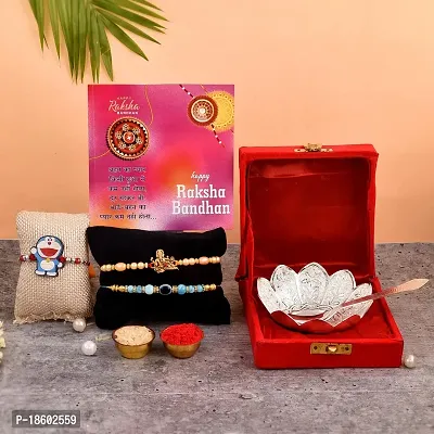 Great Art Rakhi Hamper for Brother with [Gift Combo - German Silver Bowl Set with Velvet Box Set with Red Velvet Box (3 Rakhi Set with Bowl Set Roli Chawal + Free Rakhi Card)-1205-1-thumb0