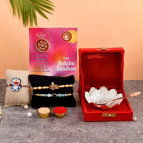 Great Art Rakhi Hamper for Brother with [Gift Combo - German Silver Bowl Set with Velvet Box Set with Red Velvet Box (3 Rakhi Set with Bowl Set Roli Chawal + Free Rakhi Card)