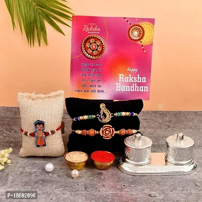 Great Art Rakhi for Brother with Rakhi Gift Combo for Brother Best Gift for Bhaiya Bhabhi + Metal Kumkum Holder + 3 Rakhi Set of +Roli Chawal + Free Rakhi Card-900-2