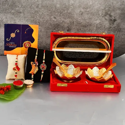 Great Art Rakhi Gift Set for Brother [Gift Combo - | Rakhi with Brass Bowl with Velvet Box Set of-5 | Wishes Card and Roli Chawal?-GA-02-862