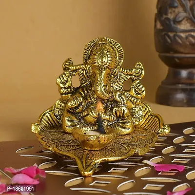 Great Art Ganesh Idol on Leaf - Lord Ganesha with Diya - Metal Hand Craved for Home Decorative Gift Puja Gifts Corporate