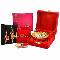 Great Art Rakhi Gift Hamper for Brother  Gift for Brother and bhabhi [Rakhi for Brother Combo - Rakhi with Brass Bowl with Velvet Box, Tilak Material  Greeting Card]GADH-02-805-thumb1