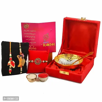 Great Art Rakhi Gift Hamper for Brother  Gift for Brother and bhabhi [Rakhi for Brother Combo - Rakhi with Brass Bowl with Velvet Box, Tilak Material  Greeting Card]GADH-02-805-thumb2