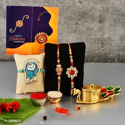 Great Art Rakhi Gift for Brother with Rakhi Gift Combo for Brother Best Gift for Bhaiya Bhabhi + Rakhi with kumkum Box + Rakhi Set of-3 +Roli Chawal + Free Rakhi Card-GA-022-41