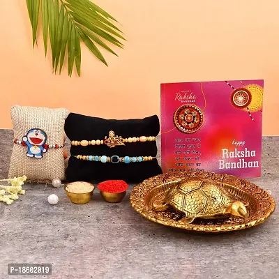 Great Art Rakhi for Brother and bhabhi with Gift Combo Set -| Rakhi Bhaiya Bhabhi Set with Tortoise Vastu Feng Shui for Good Luck Showpiece (3 Rakhi Set with Tortoise Vastu Set)-804-3