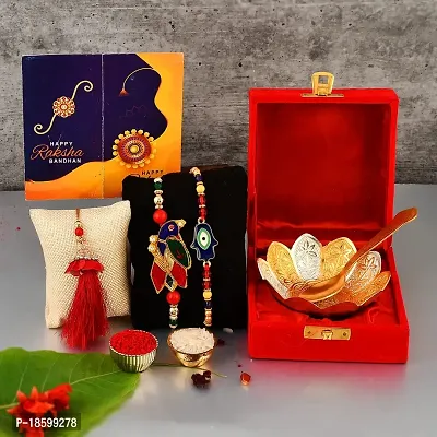 Great Art Rakhi Gift Hamper for Brother  Gift for Brother and bhabhi [Rakhi for Brother Combo - Rakhi with Brass Bowl with Velvet Box, Tilak Material  Greeting Card]GA-02-801