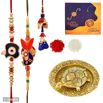 Great Art Rakhi  Gift Set for Brother [Gift Combo - | Rakhi for bhai and bhabhi with Feng Shui Tortoise On Plate Showpiece | 3 Rakhi Set Or vastu Tortoise Wishes Card and Roli Chawal-803-1-thumb2