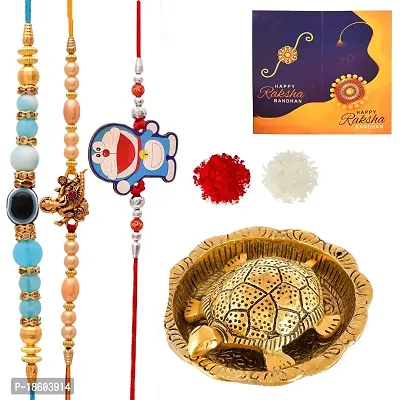 Great Art Rakhi  Gift Set for Brother [Gift Combo - | Rakhi for bhai and bhabhi with Feng Shui Tortoise On Plate Showpiece | 3 Rakhi Set Or vastu Tortoise Wishes Card and Roli Chawal-803-2-thumb2