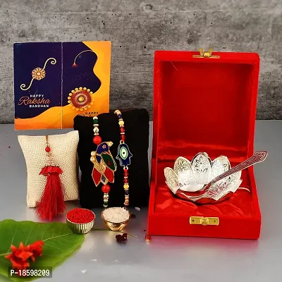 Great Art Rakhi Gift Hamper for Brother  Gift for Brother and bhabhi [Rakhi for Brother Combo - Rakhi with Brass Bowl with Velvet Box, Tilak Material  Greeting Card]GA-02-803