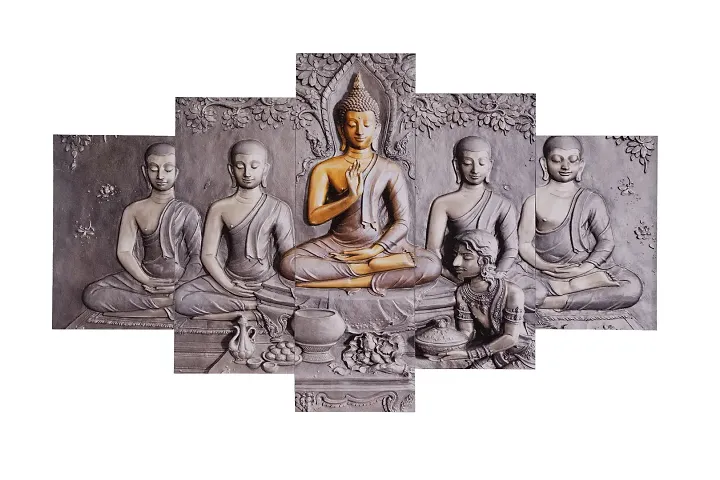 Great Art Buddha Paintings for Living Room | Painting for Wall Decoration | 3D Wall Art for Bedroom | Gautam Buddha Wall Painting Set of 5 (75x43 Cm)B208