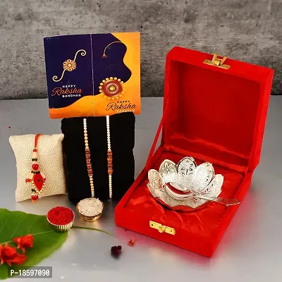 Great Art Rakhi Gift Hamper for Brother  Gift for Brother and bhabhi [Rakhi for Brother Combo - Rakhi with Brass Bowl with Velvet Box, Tilak Material  Greeting Card]GA-02-800-thumb0