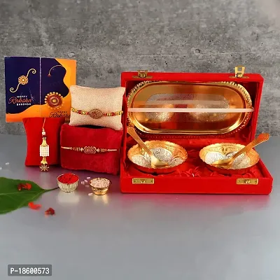 Great Art Rakhi  Gift Set for Brother [Gift Combo - | Rakhi with Brass Bowl with Velvet Box Set of-5 | Wishes Card and Roli Chawal?-GA-02-864-thumb0