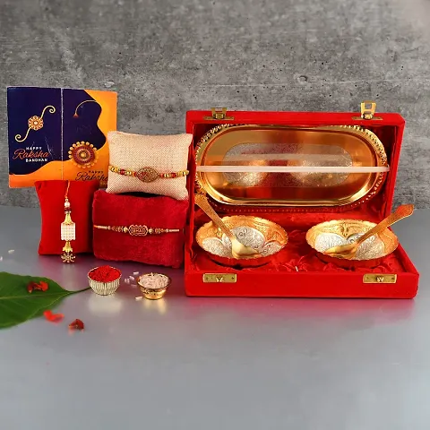 Great Art Rakhi & Gift Set for Brother [Gift Combo - | Rakhi with Brass Bowl with Velvet Box Set of-5 | Wishes Card and Roli Chawal