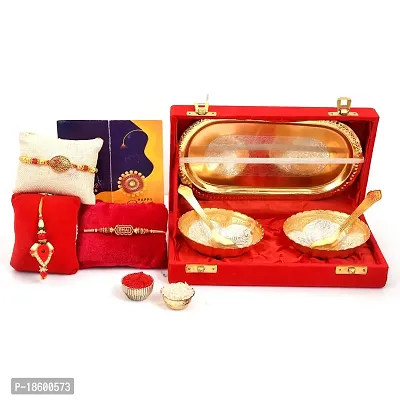 Great Art Rakhi  Gift Set for Brother [Gift Combo - | Rakhi with Brass Bowl with Velvet Box Set of-5 | Wishes Card and Roli Chawal?-GA-02-864-thumb2