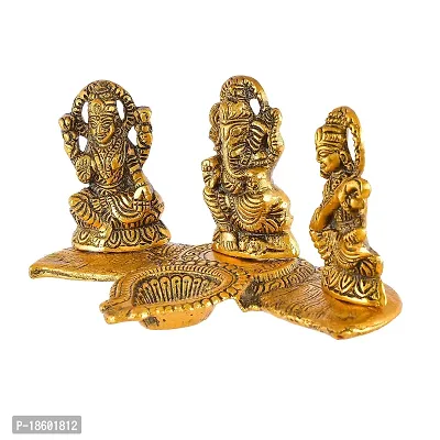 Great Art Laxmi Ganesh Saraswati with Diya Decorative Showpiece - 19 cm (Metal, Gold)-thumb3