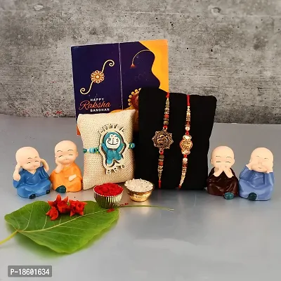 Great Art Rakhi  Gift Set for Brother [Gift Combo - Rakhi with Cute Car Dashboard Polynesin Buddha Statue Set of 4 Rakshabandhan Special Card, Roli Chawal-GA-022-710-3