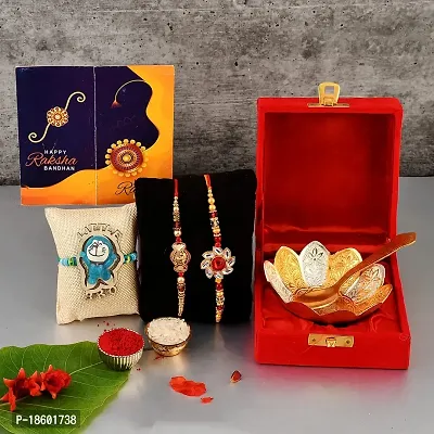 Great Art Rakhi Gift Hamper for Brother  Gift for Brother and bhabhi [Rakhi for Brother Combo - Rakhi with Brass Bowl with Velvet Box, Tilak Material  Greeting Card]GA-02-804