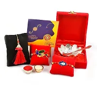 Great Art Rakhi Gift Hamper for Brother  Gift for Brother and bhabhi [Rakhi for Brother Combo - Rakhi with Brass Bowl with Velvet Box, Tilak Material  Greeting Card]GA-02-803-thumb1